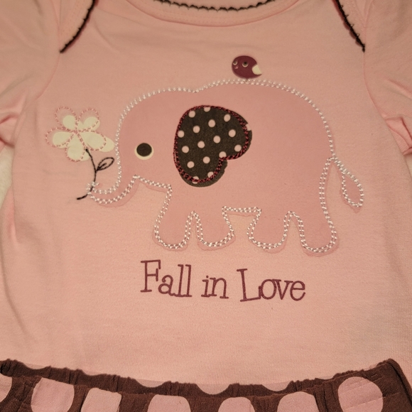 MINIVILLE ♡ Pink|Brown FALL IN LOVE Elephant Bodysuit w/Polka Dot Mini Skirt 3M - Picture 12 of 15